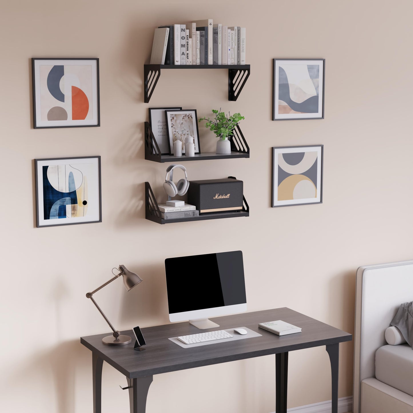 DINIAL Wall Mounted Floating Shelves for Wall Set of 3, Shelf Bookshelf for Bedroom Living Room Office Bathroom Kitchen Rustic Wood with Metal Bracket 03SH-03