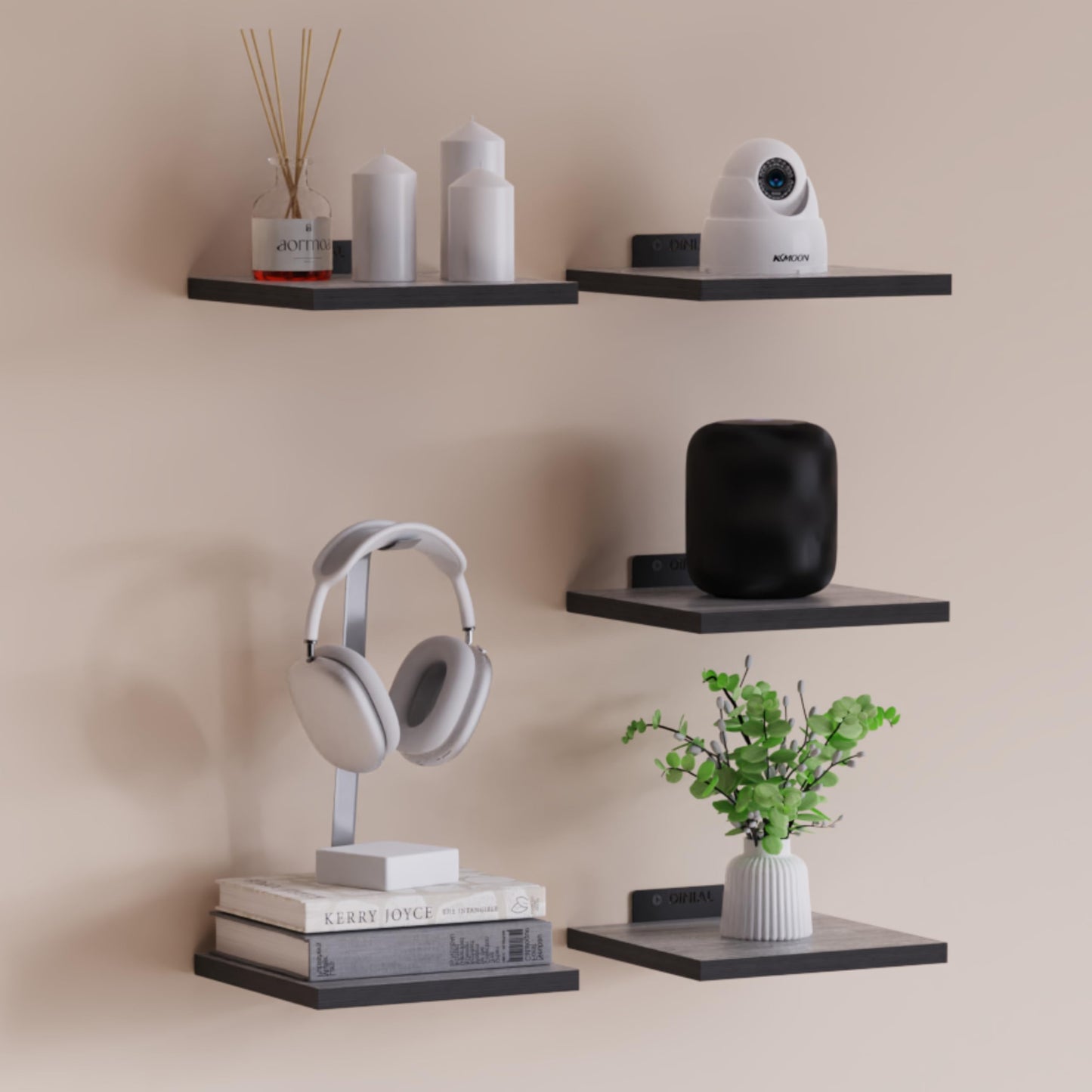 DINIAL Wall Mounted Floating Shelves for Wall Set of 5 size 15x15cm, Shelf Bookshelf for Bedroom Living Room Office Bathroom Kitchen Rustic Wood with Metal Bracket