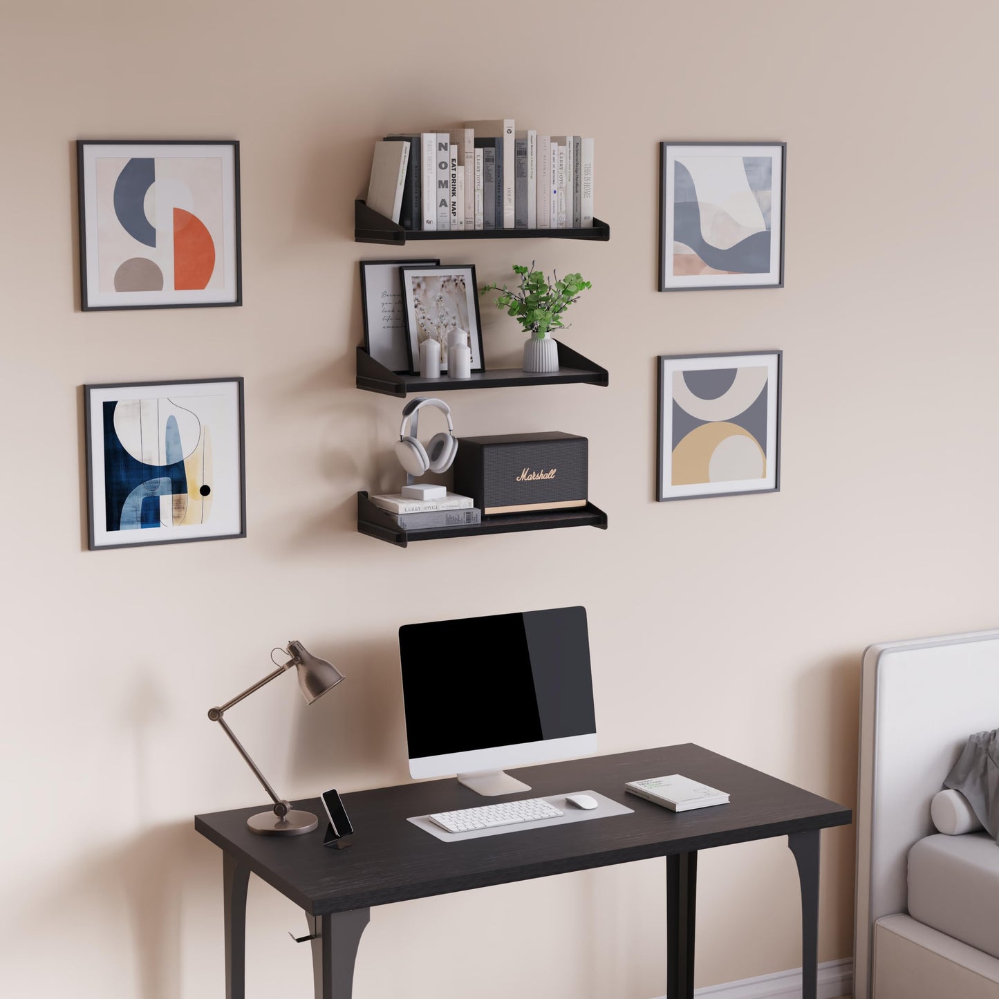 DINIAL Wall Mounted Floating Shelves for Wall Set of 3, Shelf Bookshelf for Bedroom Living Room Office Bathroom Kitchen Rustic Wood with Metal Bracket 01SH-03