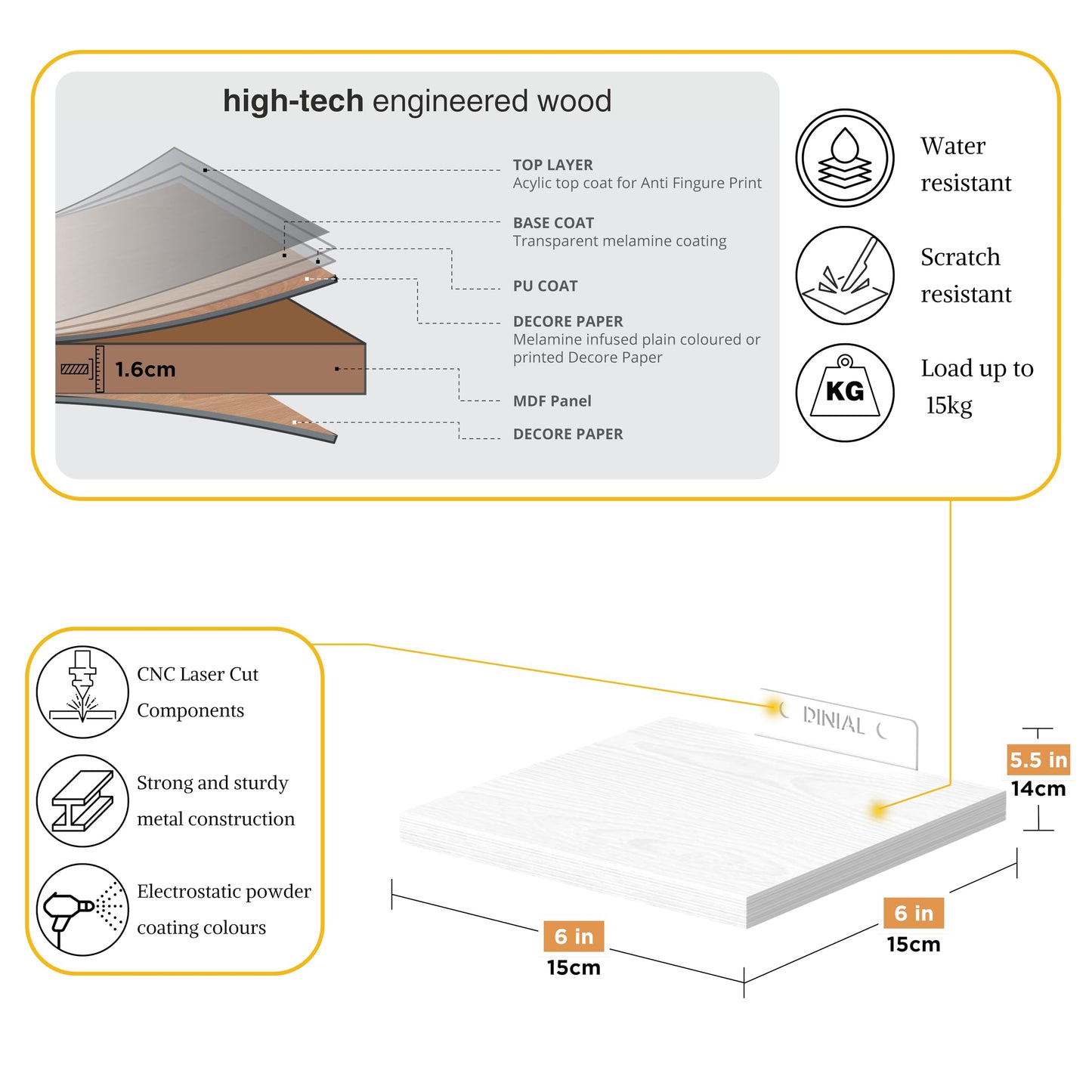 DINIAL Wall Mounted Floating Shelves for Wall Set of 5 size 15x15cm, Shelf Bookshelf for Bedroom Living Room Office Bathroom Kitchen Rustic Wood with Metal Bracket