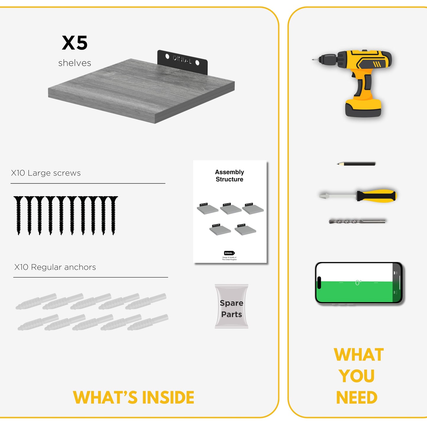 DINIAL Wall Mounted Floating Shelves for Wall Set of 5 size 15x15cm, Shelf Bookshelf for Bedroom Living Room Office Bathroom Kitchen Rustic Wood with Metal Bracket