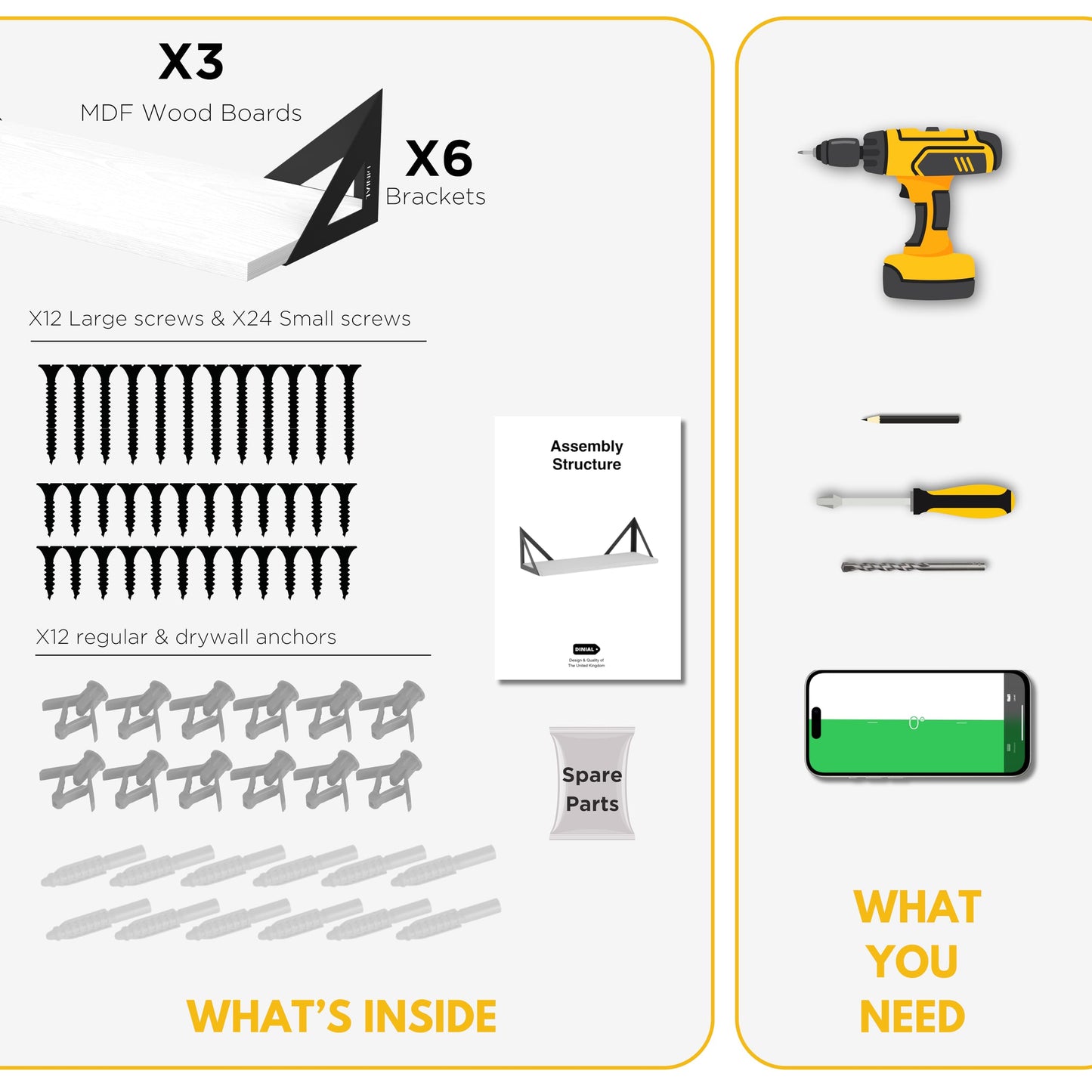 DINIAL Wall Mounted Floating Shelves for Wall Set of 3, Shelf Bookshelf for Bedroom Living Room Office Bathroom Kitchen Rustic Wood with Metal Bracket 02H-03