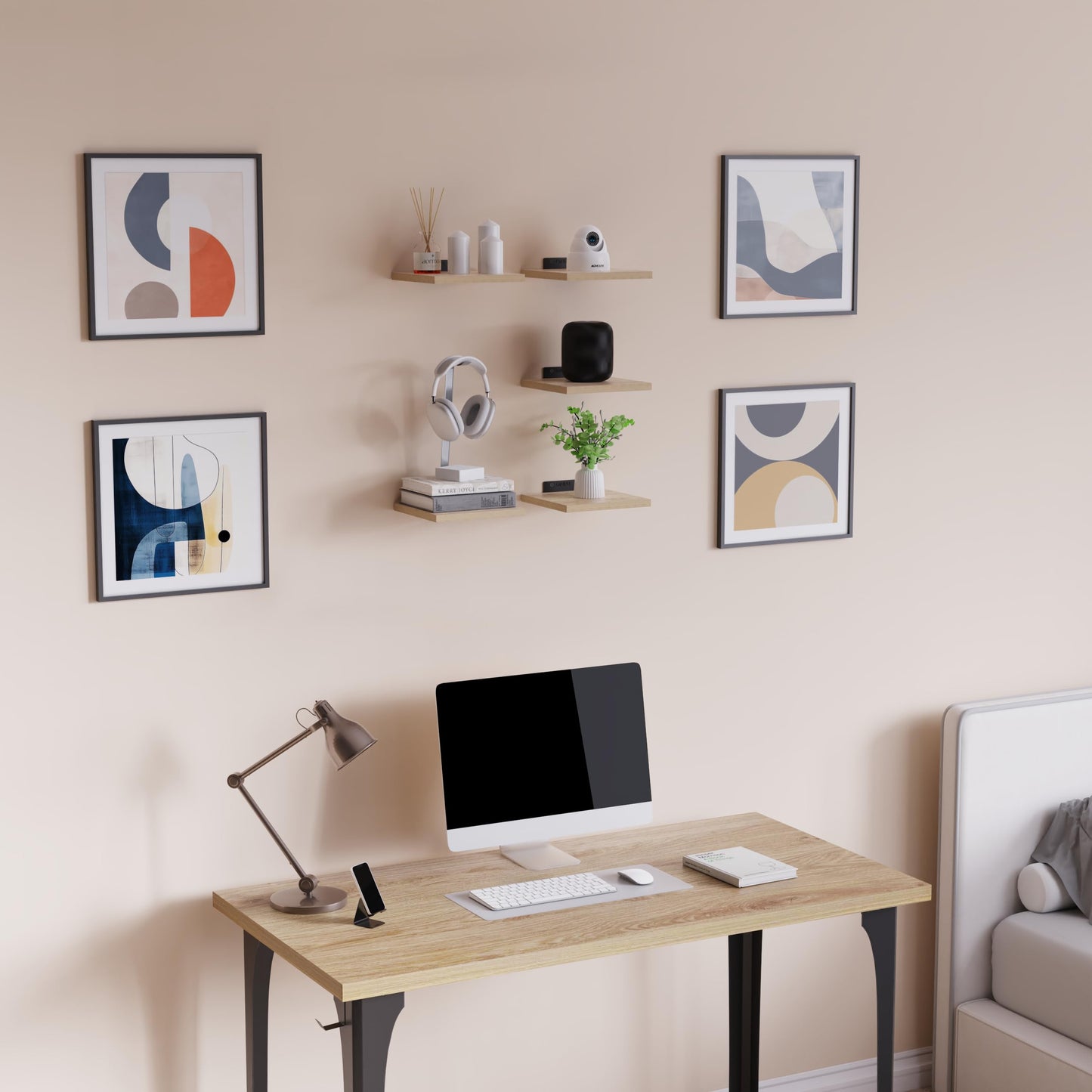 DINIAL Wall Mounted Floating Shelves for Wall Set of 5 size 15x15cm, Shelf Bookshelf for Bedroom Living Room Office Bathroom Kitchen Rustic Wood with Metal Bracket