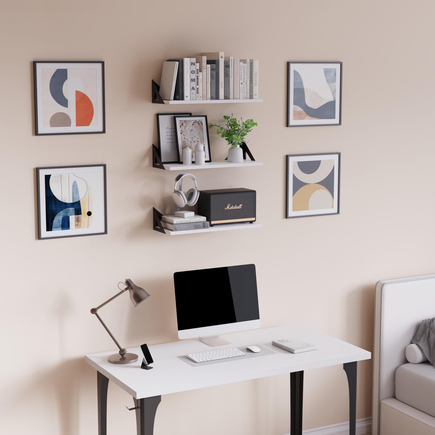 DINIAL Wall Mounted Floating Shelves for Wall Set of 6, Shelf Bookshelf for Bedroom Living Room Office Bathroom Kitchen Rustic Wood with Metal Bracket 02SH-06