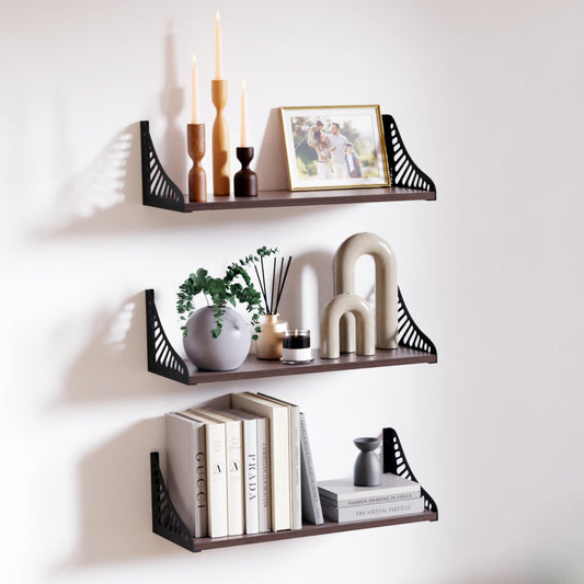 DINIAL Wall Mounted Floating Shelves for Wall Set of 3, Shelf Bookshelf for Bedroom Living Room Office Bathroom Kitchen Rustic Wood with Metal Bracket 04