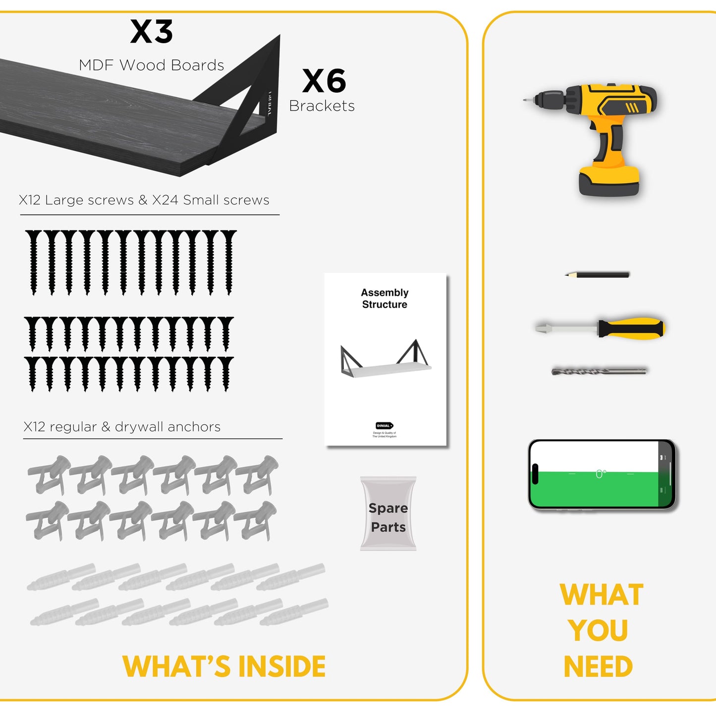 DINIAL Wall Mounted Floating Shelves for Wall Set of 3, Shelf Bookshelf for Bedroom Living Room Office Bathroom Kitchen Rustic Wood with Metal Bracket 02H-03