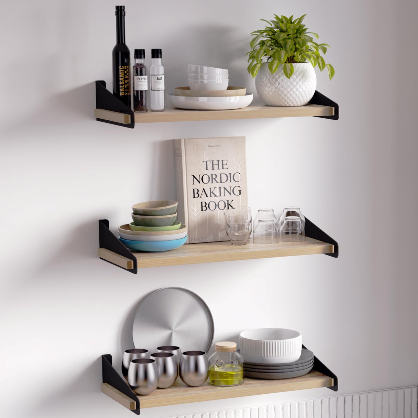 DINIAL Wall Mounted Floating Shelves for Wall Set of 3, Shelf Bookshelf for Bedroom Living Room Office Bathroom Kitchen Rustic Wood with Metal Bracket 01SH-03