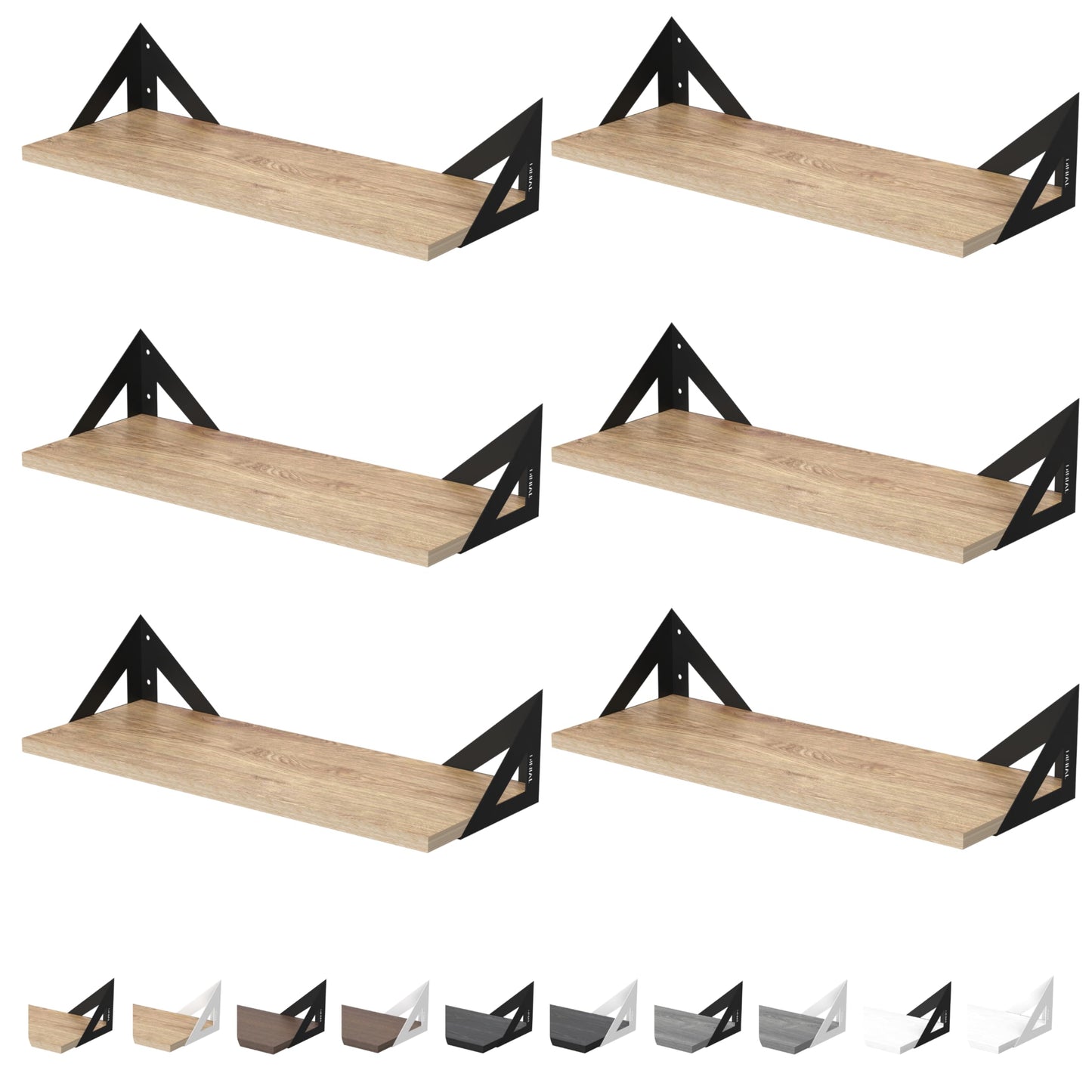 DINIAL Wall Mounted Floating Shelves for Wall Set of 6, Shelf Bookshelf for Bedroom Living Room Office Bathroom Kitchen Rustic Wood with Metal Bracket 02SH-06