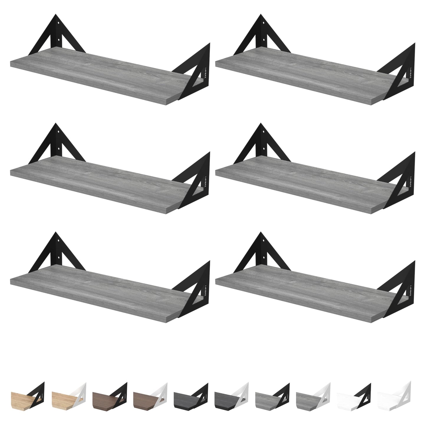 DINIAL Wall Mounted Floating Shelves for Wall Set of 6, Shelf Bookshelf for Bedroom Living Room Office Bathroom Kitchen Rustic Wood with Metal Bracket 02SH-06