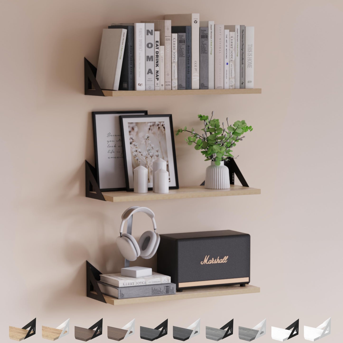 DINIAL Wall Mounted Floating Shelves for Wall Set of 3, Shelf Bookshelf for Bedroom Living Room Office Bathroom Kitchen Rustic Wood with Metal Bracket 02H-03