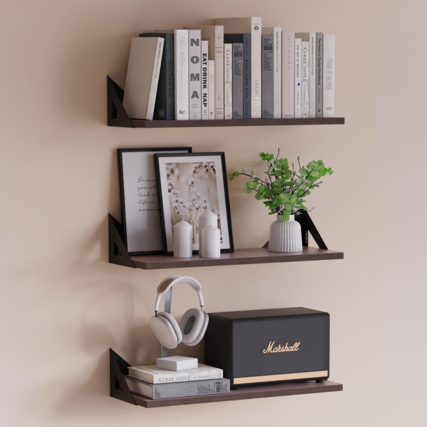 DINIAL Wall Mounted Floating Shelves for Wall Set of 3, Shelf Bookshelf for Bedroom Living Room Office Bathroom Kitchen Rustic Wood with Metal Bracket 02H-03