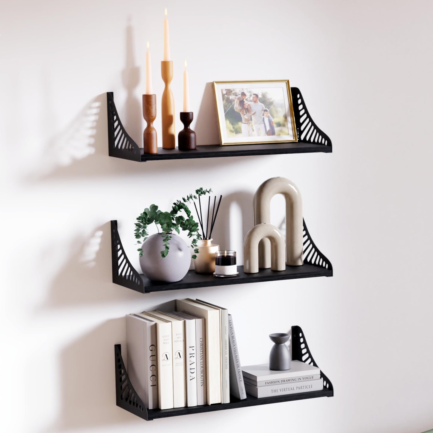 DINIAL Wall Mounted Floating Shelves for Wall Set of 3, Shelf Bookshelf for Bedroom Living Room Office Bathroom Kitchen Rustic Wood with Metal Bracket 04