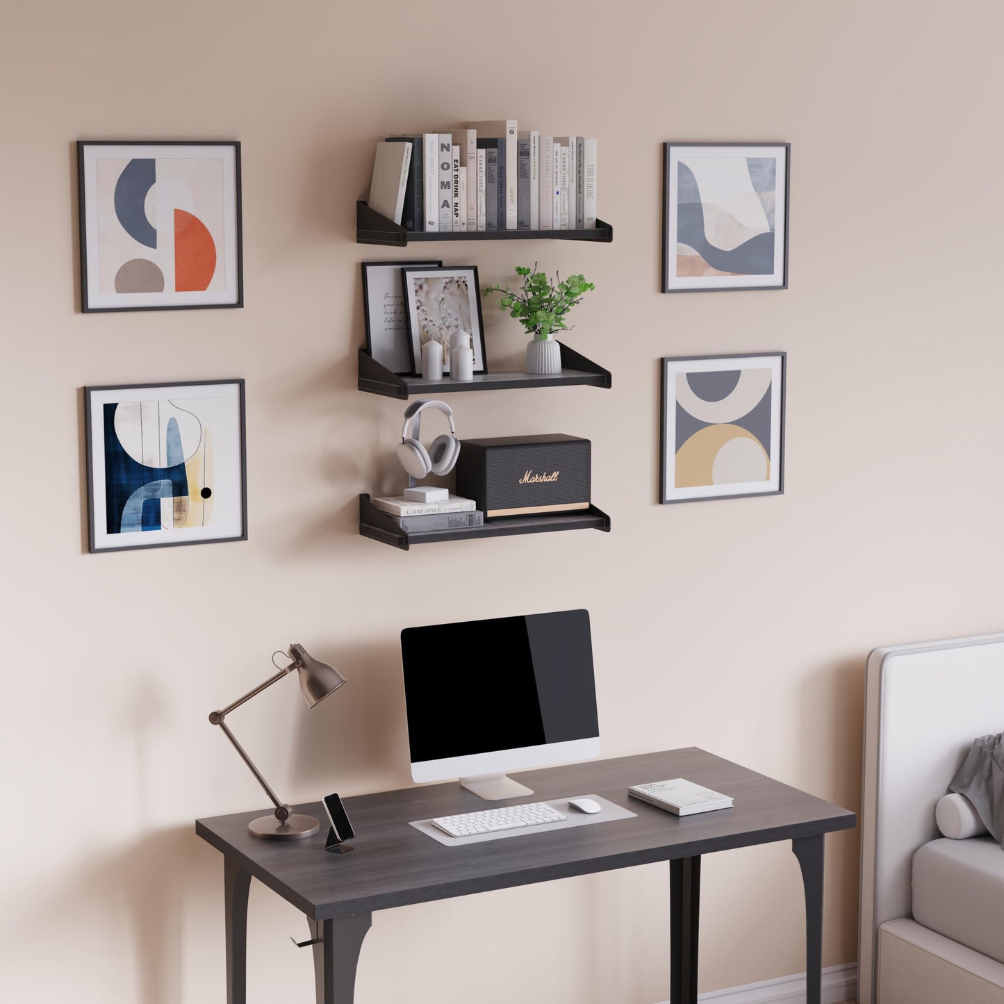 DINIAL Wall Mounted Floating Shelves for Wall Set of 3, Shelf Bookshelf for Bedroom Living Room Office Bathroom Kitchen Rustic Wood with Metal Bracket 01SH-03