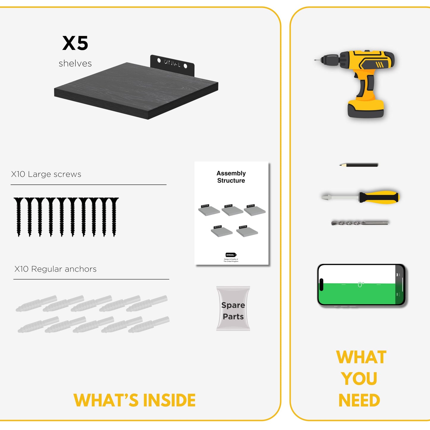 DINIAL Wall Mounted Floating Shelves for Wall Set of 5 size 15x15cm, Shelf Bookshelf for Bedroom Living Room Office Bathroom Kitchen Rustic Wood with Metal Bracket