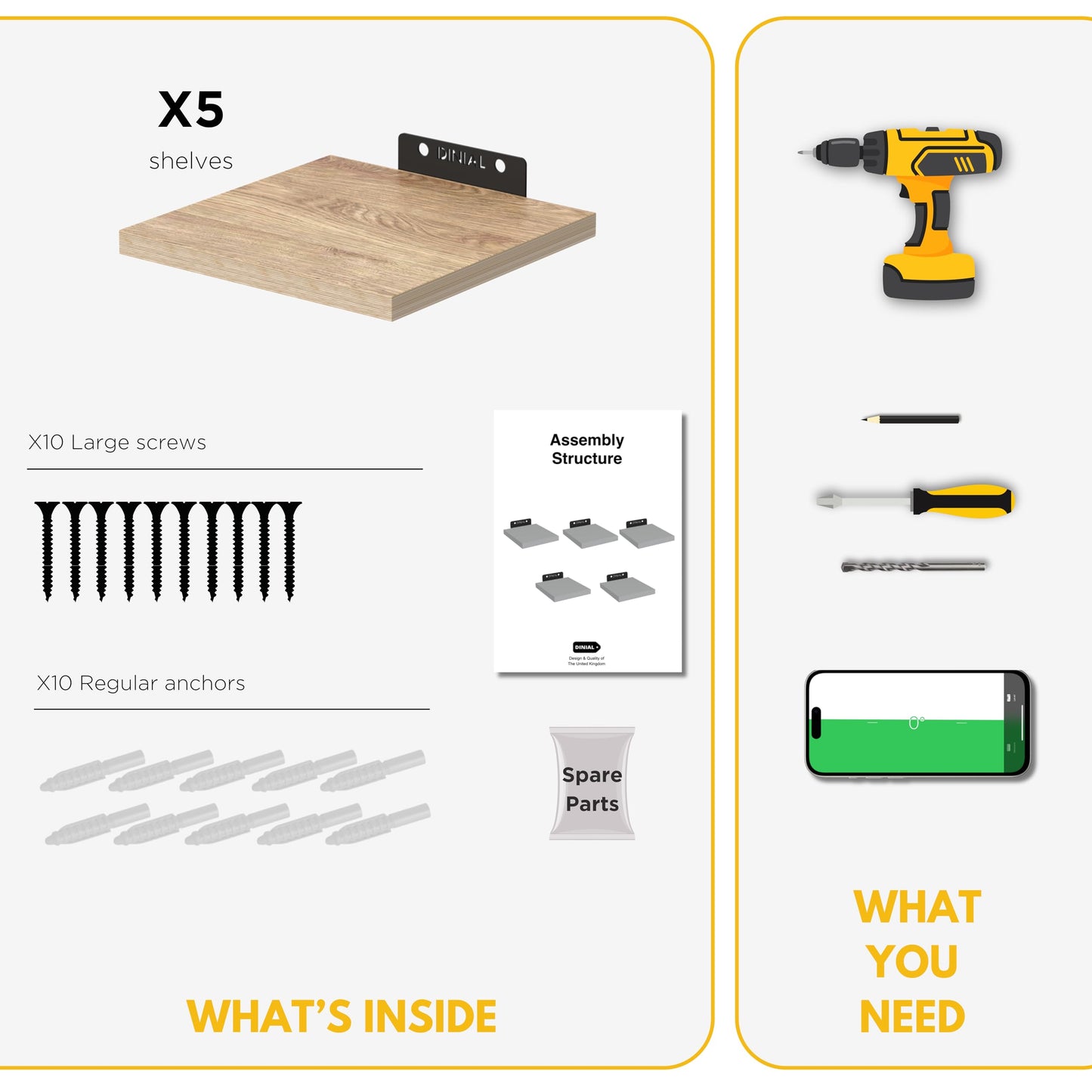 DINIAL Wall Mounted Floating Shelves for Wall Set of 5 size 15x15cm, Shelf Bookshelf for Bedroom Living Room Office Bathroom Kitchen Rustic Wood with Metal Bracket