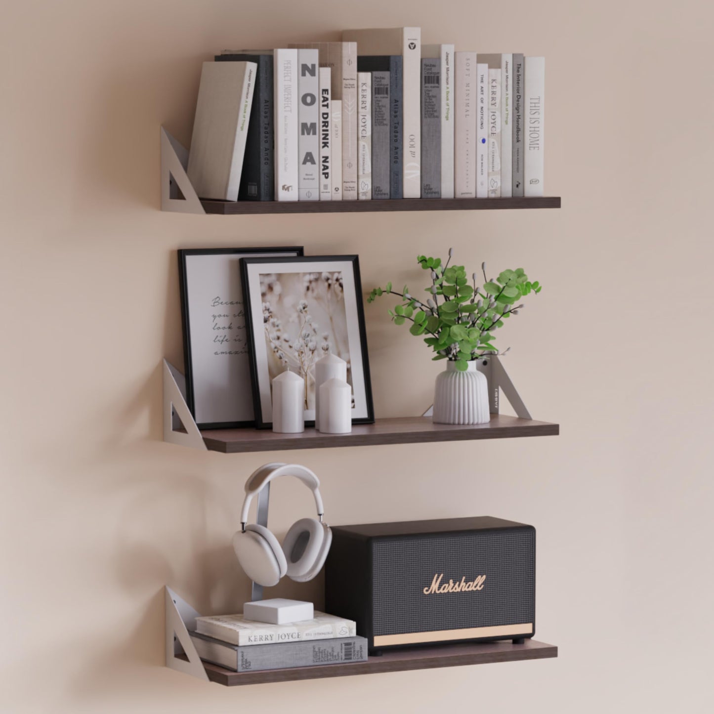 DINIAL Wall Mounted Floating Shelves for Wall Set of 3, Shelf Bookshelf for Bedroom Living Room Office Bathroom Kitchen Rustic Wood with Metal Bracket 02H-03