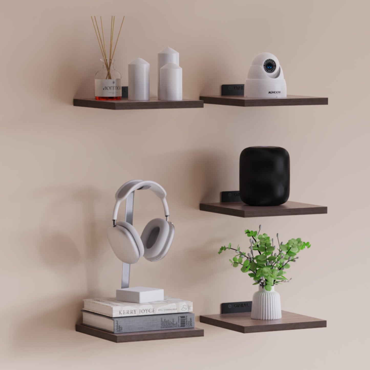 DINIAL Wall Mounted Floating Shelves for Wall Set of 5 size 15x15cm, Shelf Bookshelf for Bedroom Living Room Office Bathroom Kitchen Rustic Wood with Metal Bracket