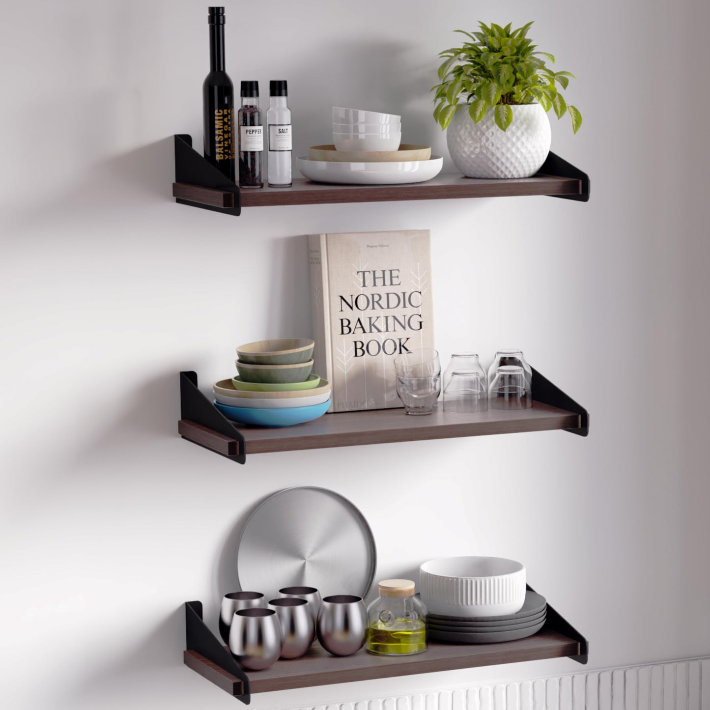 DINIAL Wall Mounted Floating Shelves for Wall Set of 3, Shelf Bookshelf for Bedroom Living Room Office Bathroom Kitchen Rustic Wood with Metal Bracket 01SH-03