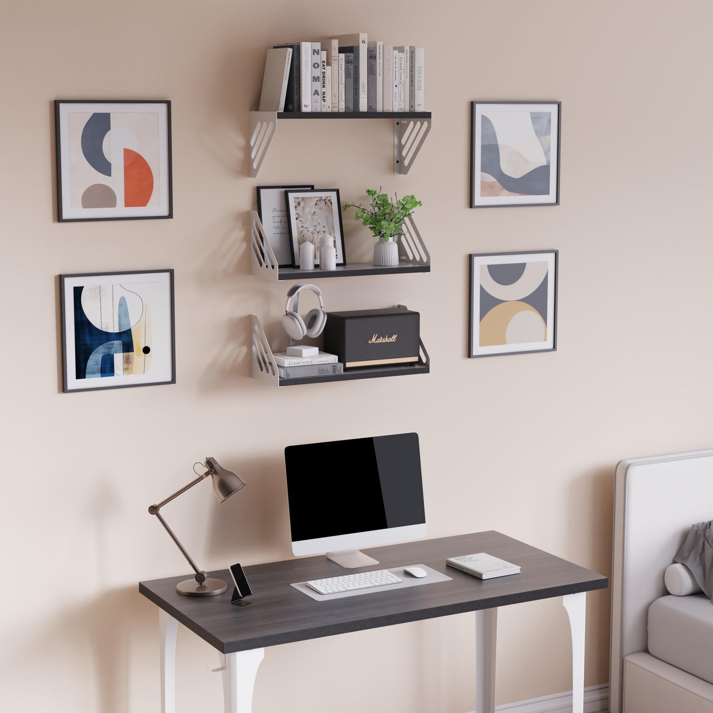 DINIAL Wall Mounted Floating Shelves for Wall Set of 3, Shelf Bookshelf for Bedroom Living Room Office Bathroom Kitchen Rustic Wood with Metal Bracket 03SH-03