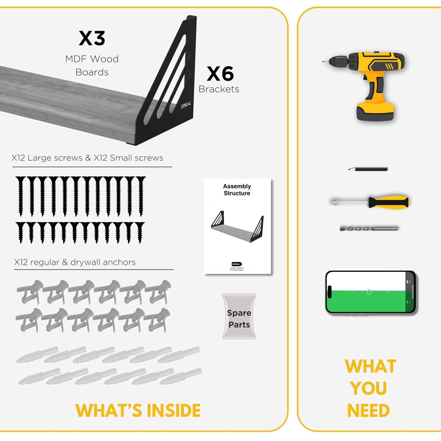 DINIAL Wall Mounted Floating Shelves for Wall Set of 3, Shelf Bookshelf for Bedroom Living Room Office Bathroom Kitchen Rustic Wood with Metal Bracket 03SH-03