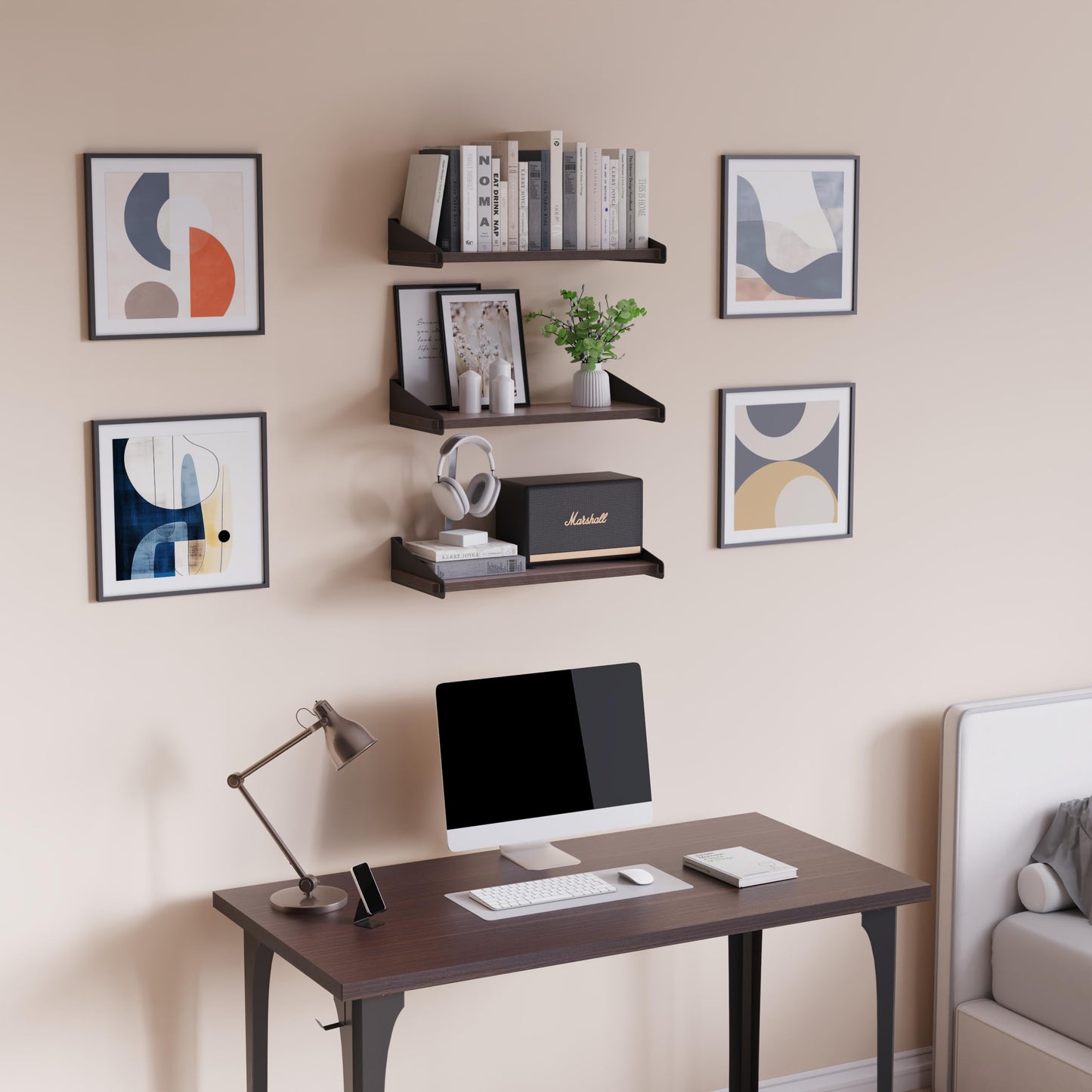 DINIAL Wall Mounted Floating Shelves for Wall Set of 3, Shelf Bookshelf for Bedroom Living Room Office Bathroom Kitchen Rustic Wood with Metal Bracket 01SH-03