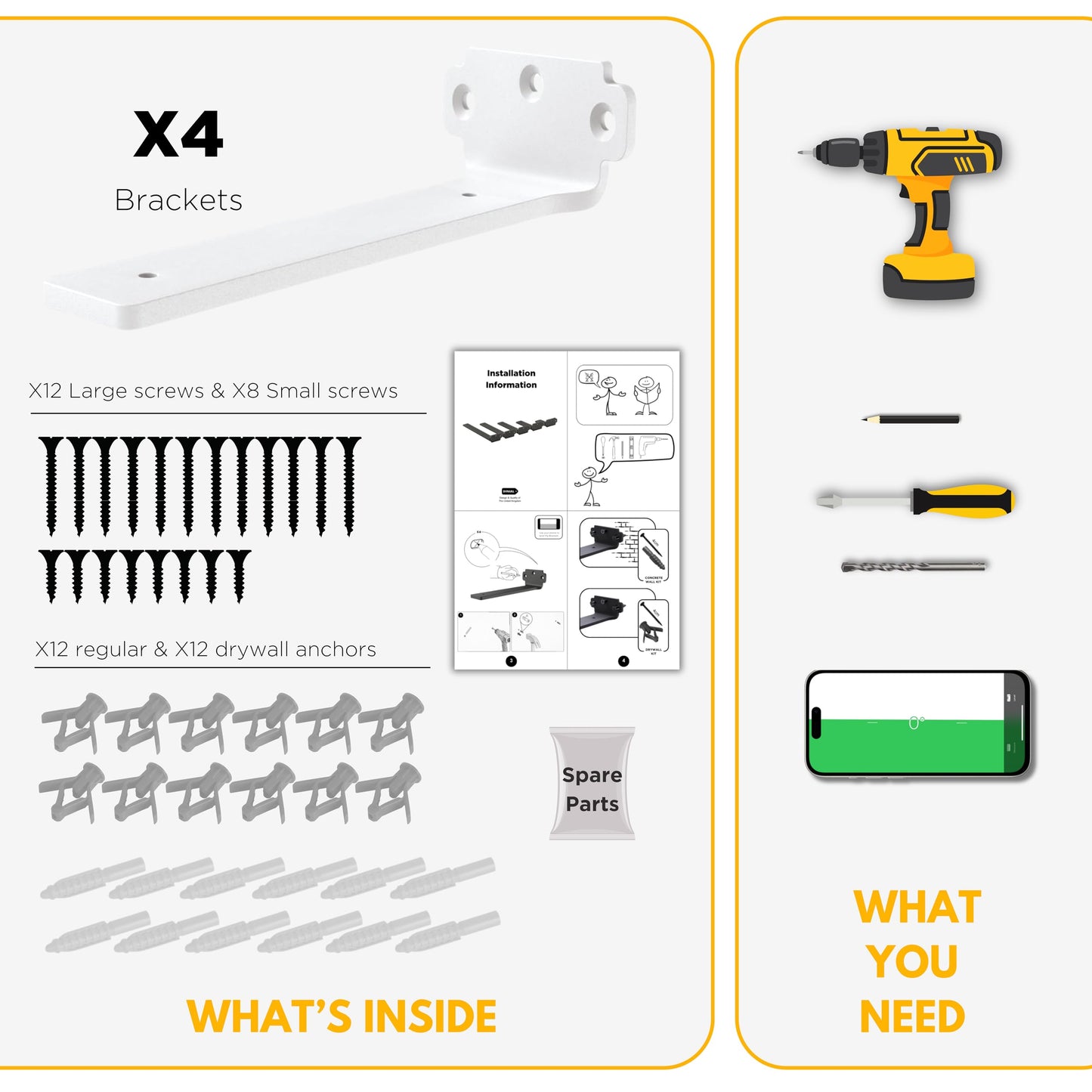 DINIAL Floating Shelf Brackets, Heavy Duty Shelf Brackets for Shelves, Color Coated 5mm Metal Wall Shelf Support Brackets, 75KG Load Capacity