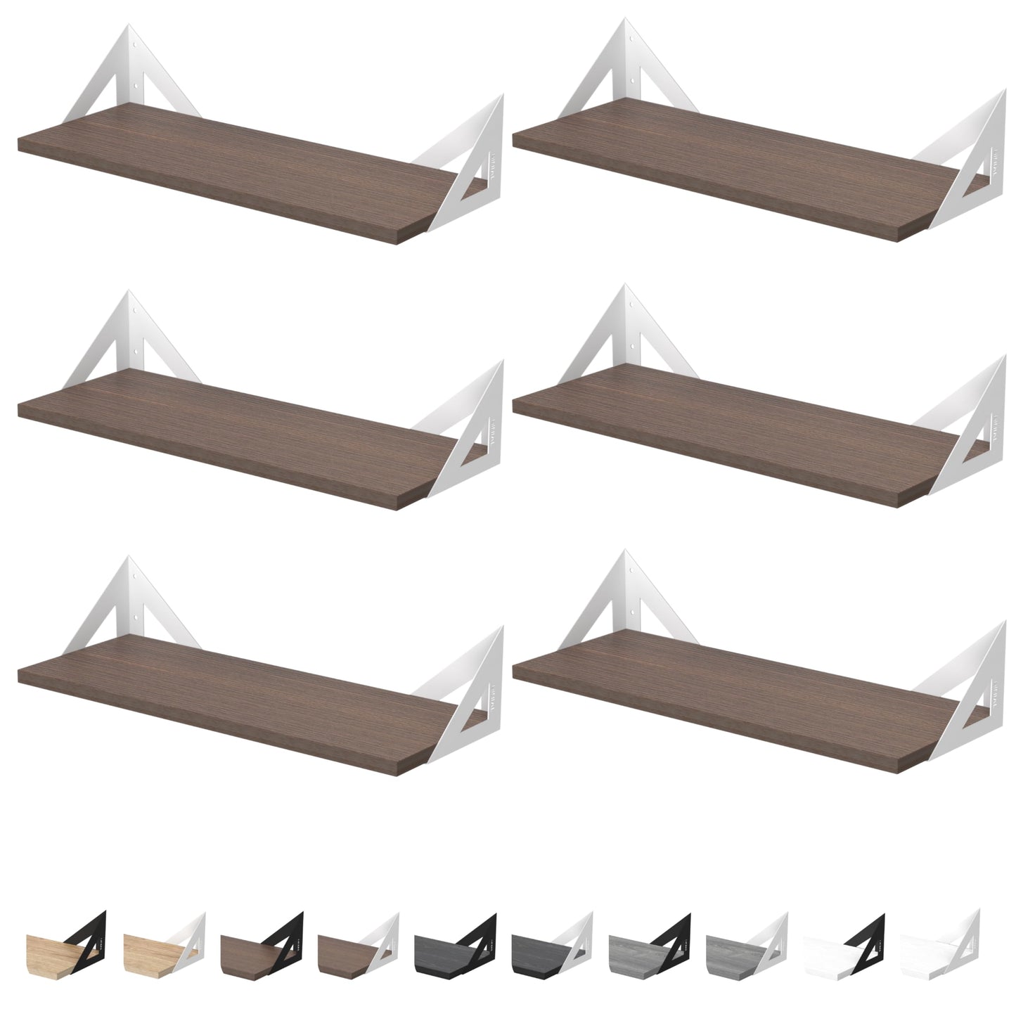 DINIAL Wall Mounted Floating Shelves for Wall Set of 6, Shelf Bookshelf for Bedroom Living Room Office Bathroom Kitchen Rustic Wood with Metal Bracket 02SH-06