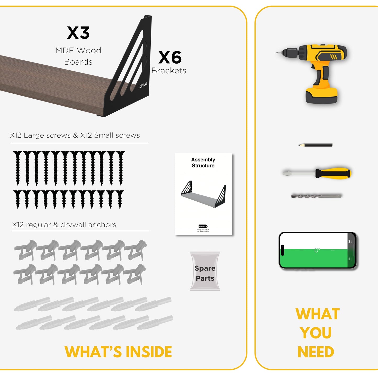 DINIAL Wall Mounted Floating Shelves for Wall Set of 3, Shelf Bookshelf for Bedroom Living Room Office Bathroom Kitchen Rustic Wood with Metal Bracket 03SH-03