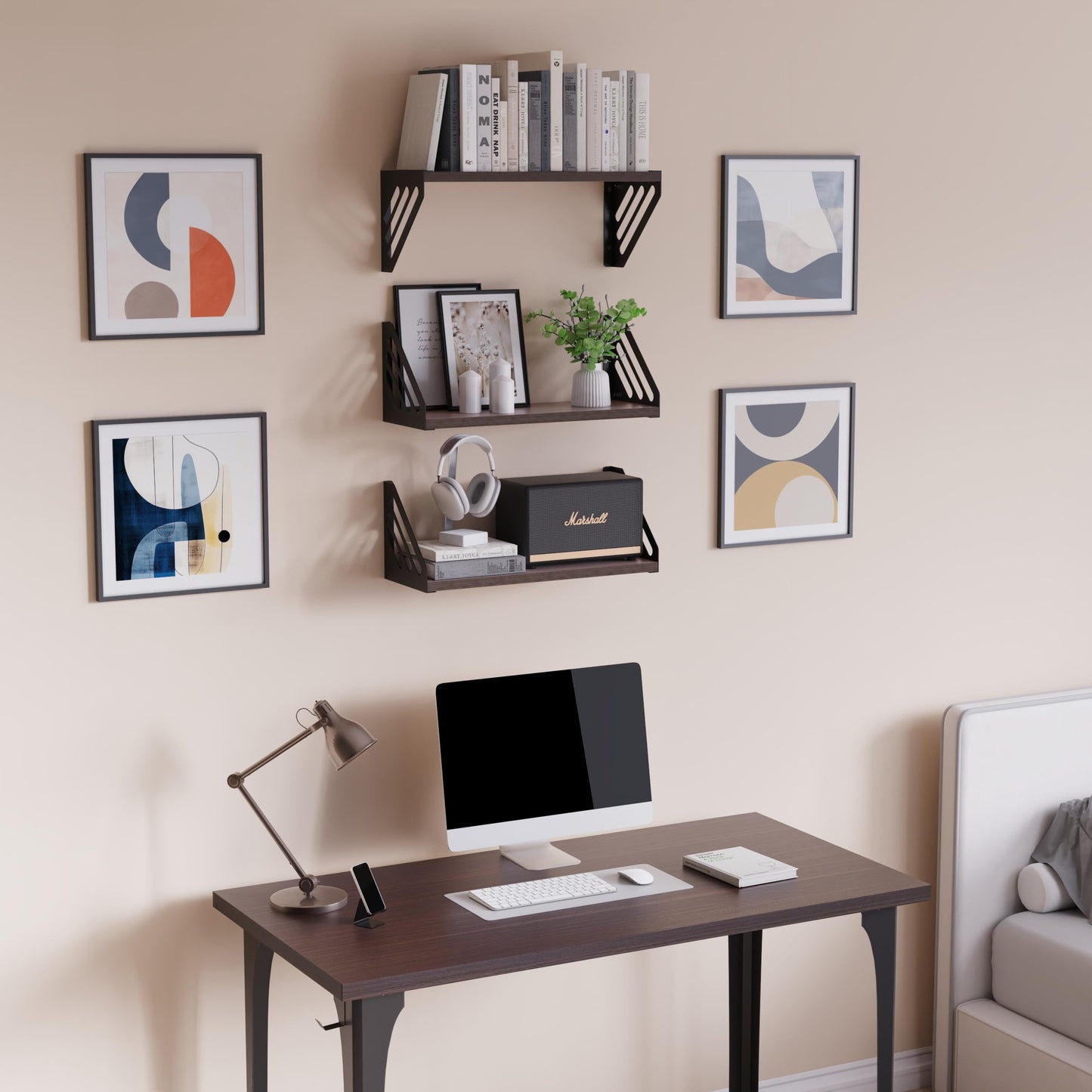 DINIAL Wall Mounted Floating Shelves for Wall Set of 3, Shelf Bookshelf for Bedroom Living Room Office Bathroom Kitchen Rustic Wood with Metal Bracket 03SH-03