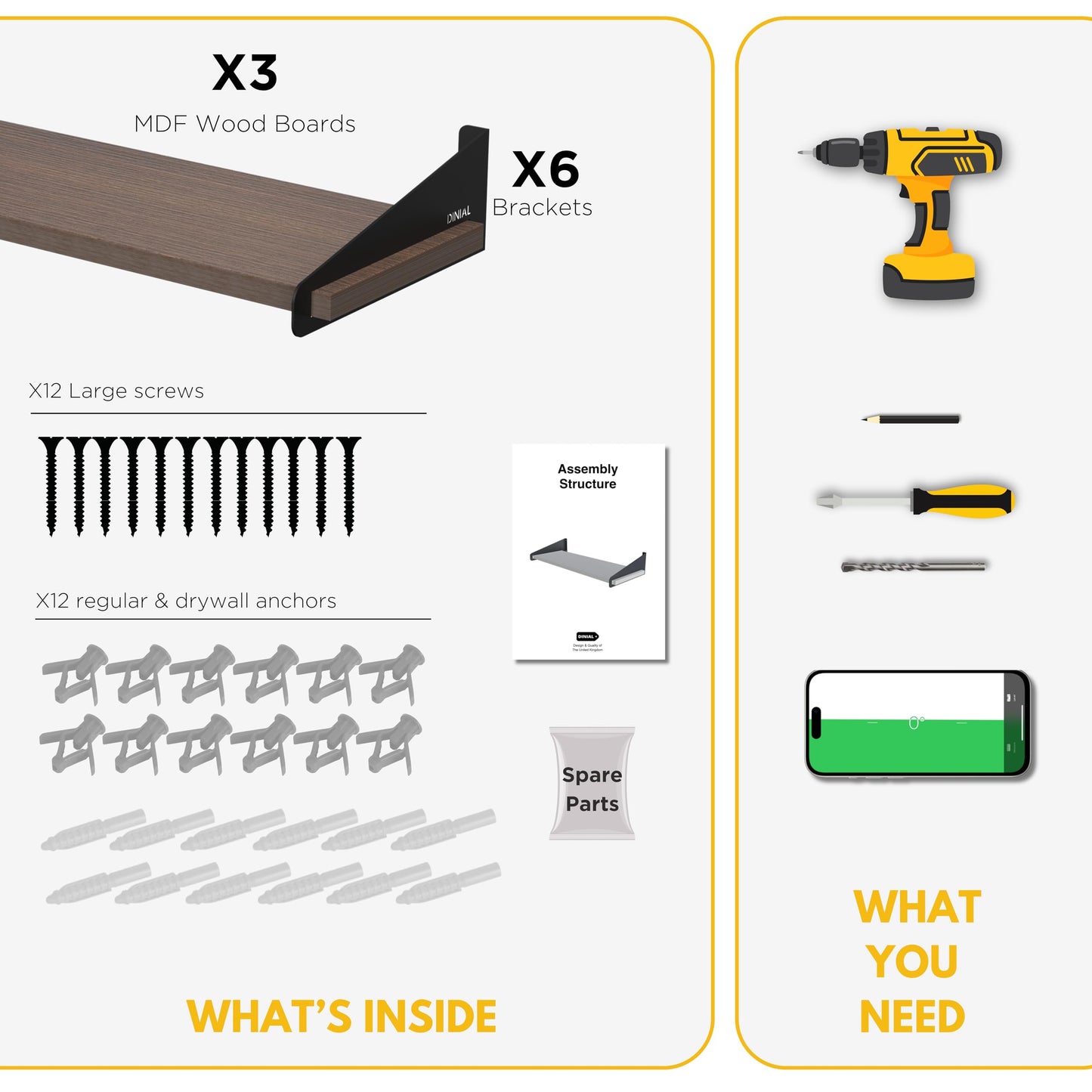 DINIAL Wall Mounted Floating Shelves for Wall Set of 3, Shelf Bookshelf for Bedroom Living Room Office Bathroom Kitchen Rustic Wood with Metal Bracket 01SH-03