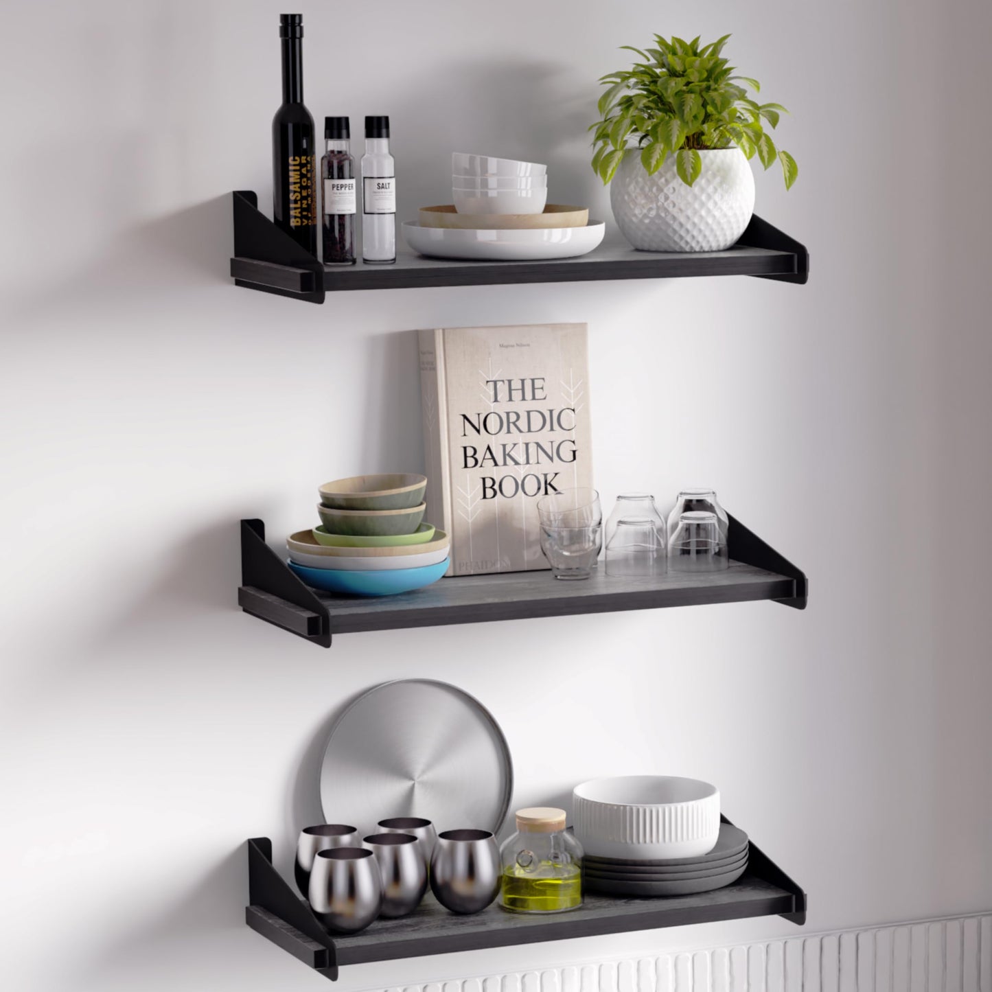 DINIAL Wall Mounted Floating Shelves for Wall Set of 3, Shelf Bookshelf for Bedroom Living Room Office Bathroom Kitchen Rustic Wood with Metal Bracket 01SH-03