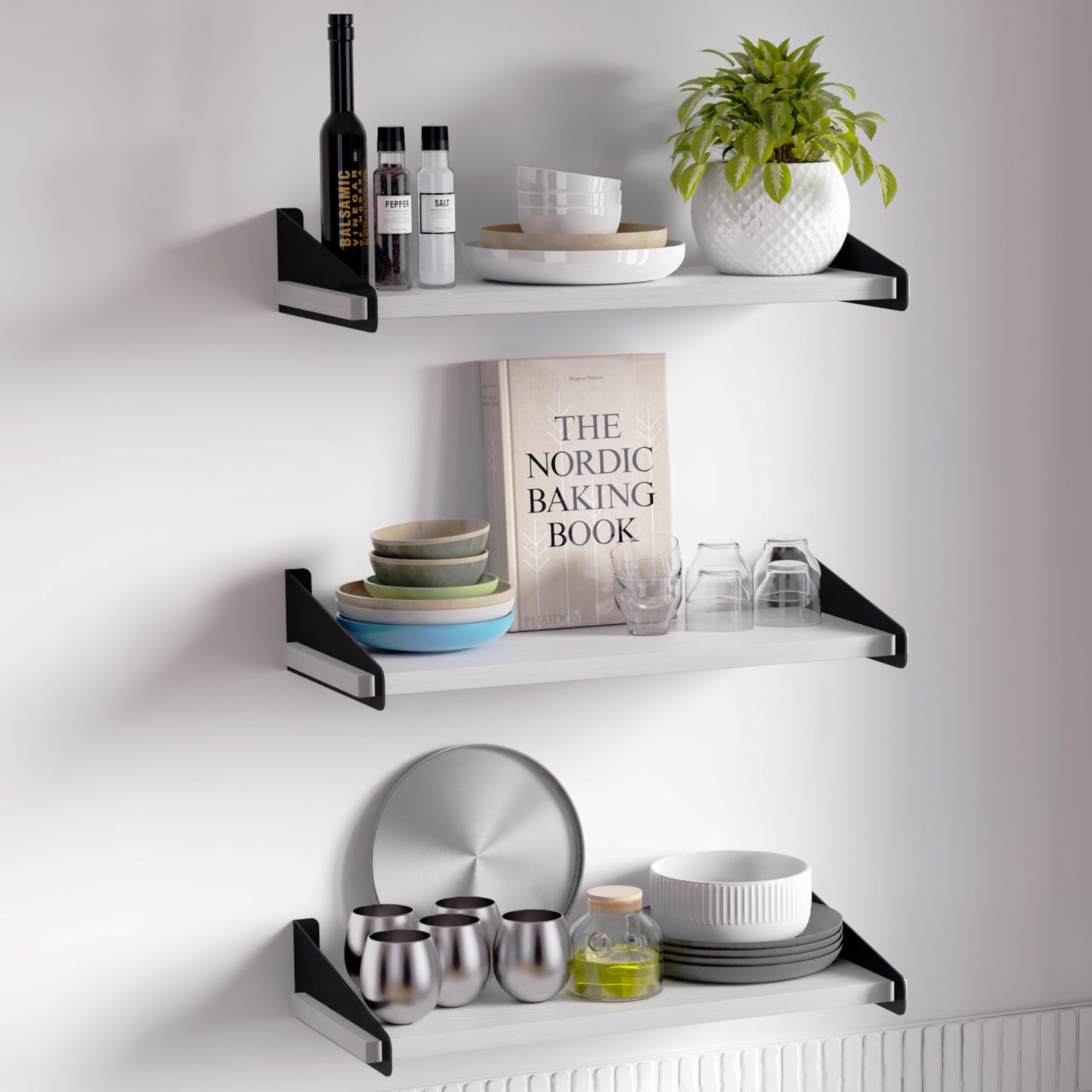 DINIAL Wall Mounted Floating Shelves for Wall Set of 3, Shelf Bookshelf for Bedroom Living Room Office Bathroom Kitchen Rustic Wood with Metal Bracket 01SH-03