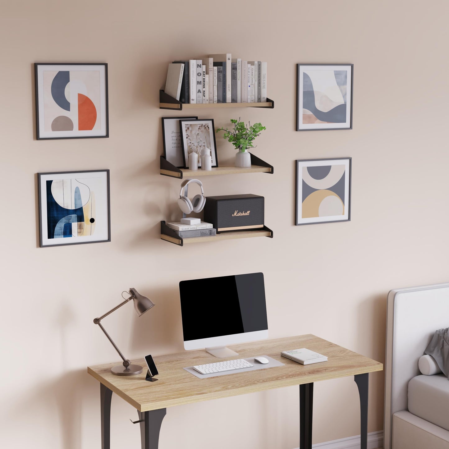 DINIAL Wall Mounted Floating Shelves for Wall Set of 3, Shelf Bookshelf for Bedroom Living Room Office Bathroom Kitchen Rustic Wood with Metal Bracket 01SH-03