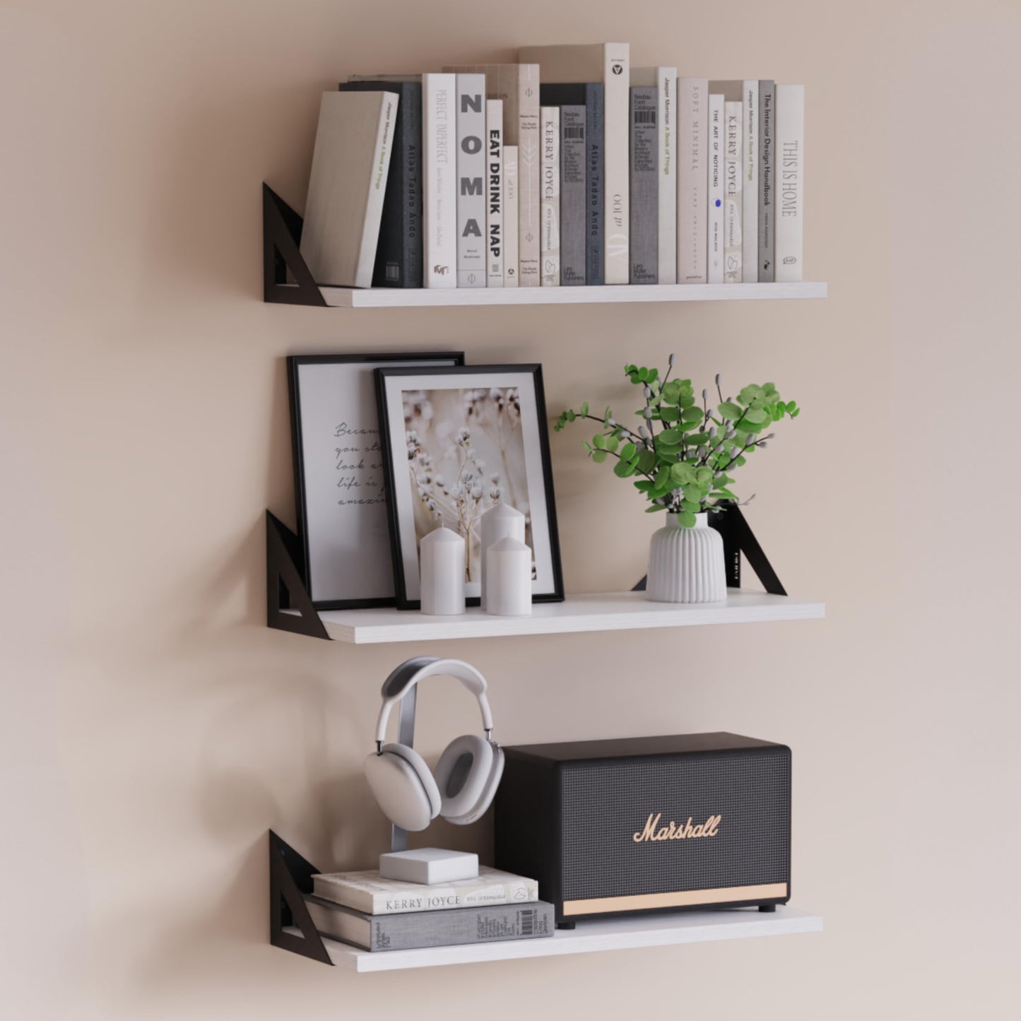 DINIAL Wall Mounted Floating Shelves for Wall Set of 3, Shelf Bookshelf for Bedroom Living Room Office Bathroom Kitchen Rustic Wood with Metal Bracket 02H-03