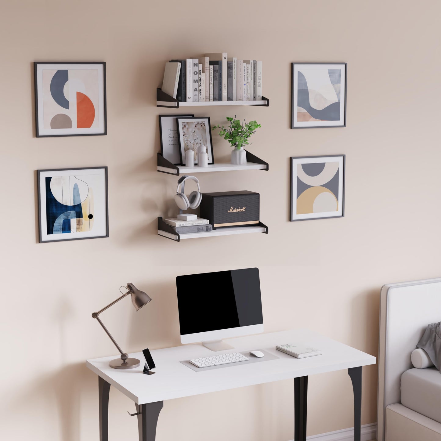 DINIAL Wall Mounted Floating Shelves for Wall Set of 3, Shelf Bookshelf for Bedroom Living Room Office Bathroom Kitchen Rustic Wood with Metal Bracket 01SH-03