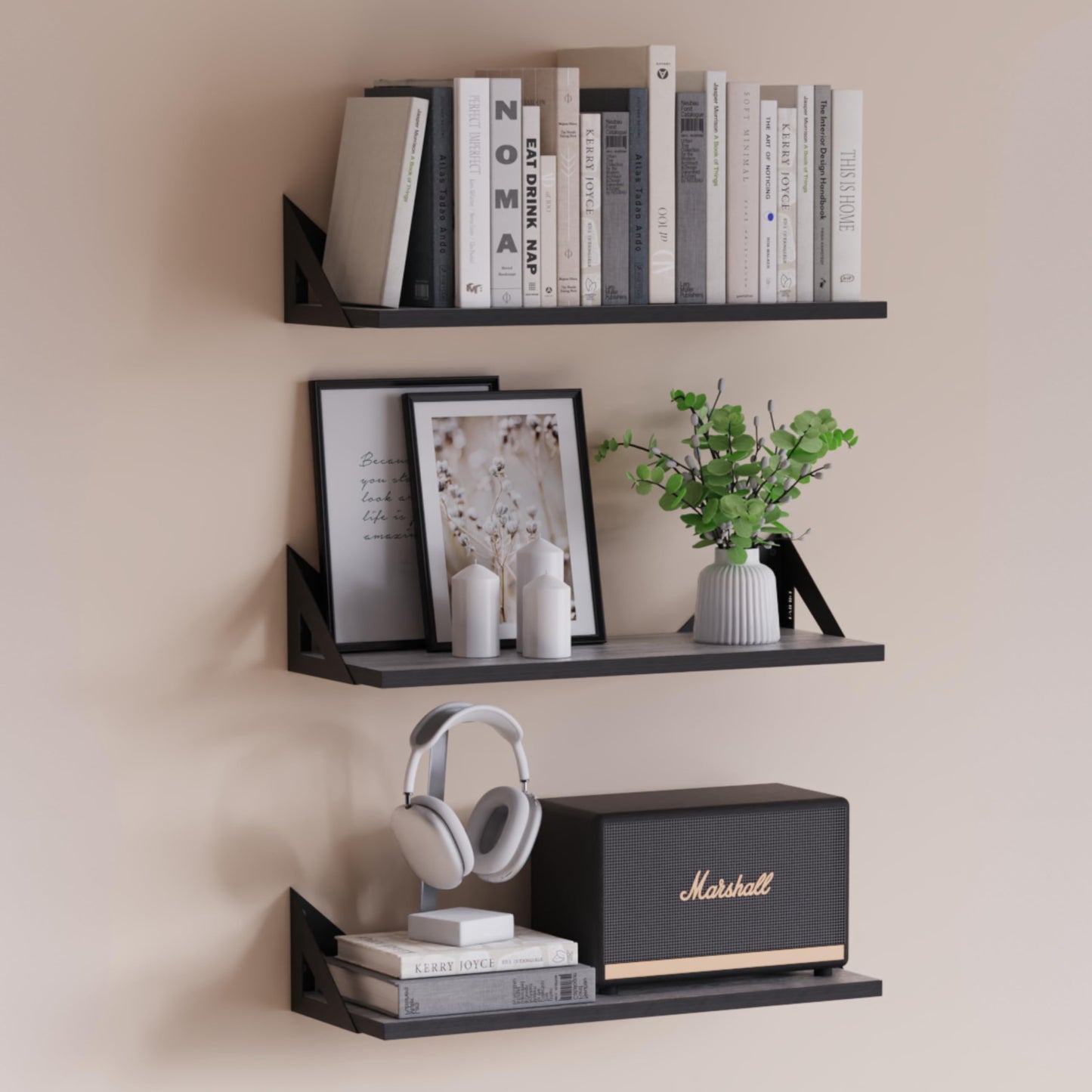 DINIAL Wall Mounted Floating Shelves for Wall Set of 3, Shelf Bookshelf for Bedroom Living Room Office Bathroom Kitchen Rustic Wood with Metal Bracket 02H-03