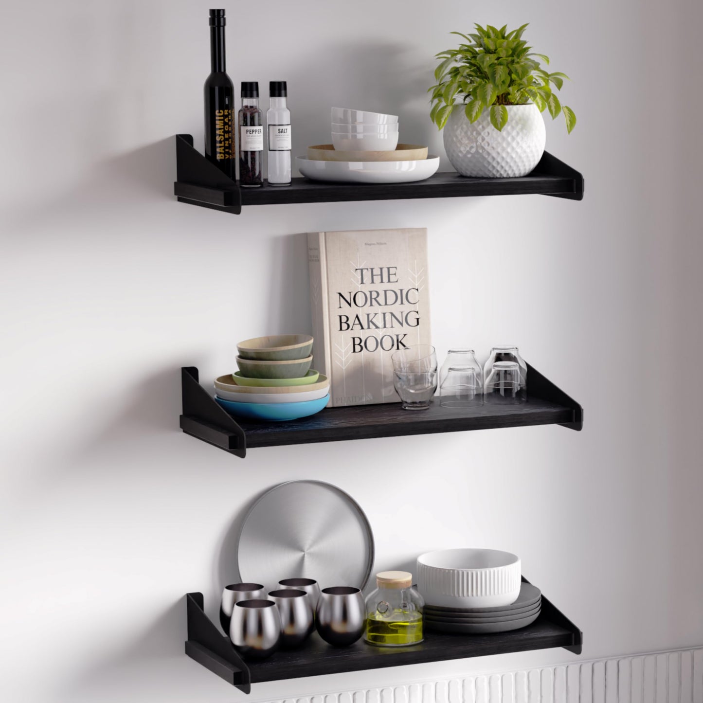 DINIAL Wall Mounted Floating Shelves for Wall Set of 3, Shelf Bookshelf for Bedroom Living Room Office Bathroom Kitchen Rustic Wood with Metal Bracket 01SH-03