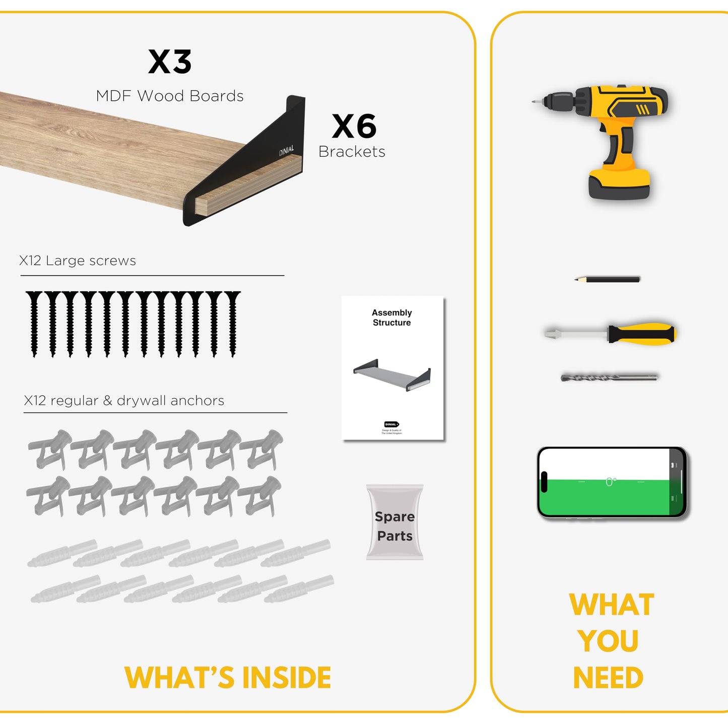 DINIAL Wall Mounted Floating Shelves for Wall Set of 3, Shelf Bookshelf for Bedroom Living Room Office Bathroom Kitchen Rustic Wood with Metal Bracket 01SH-03