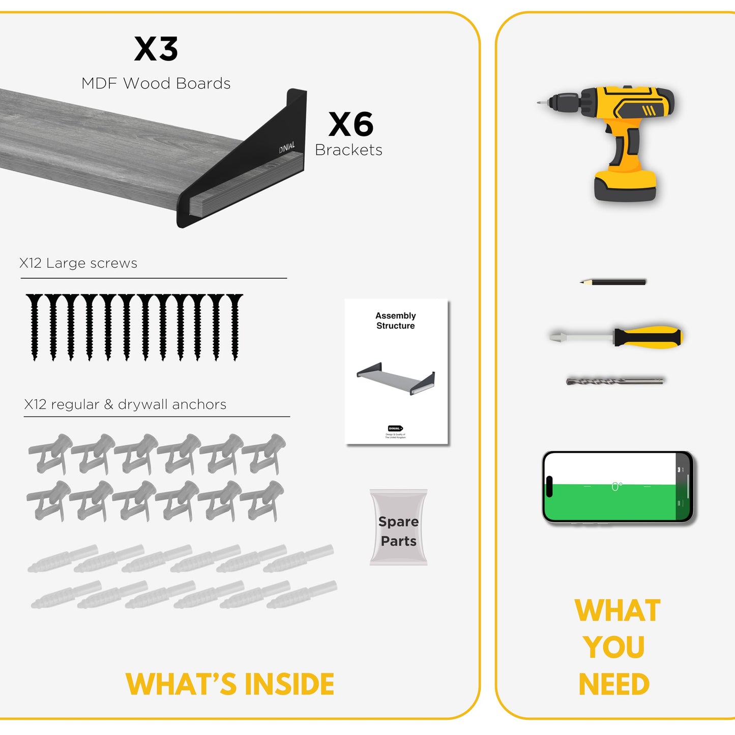 DINIAL Wall Mounted Floating Shelves for Wall Set of 3, Shelf Bookshelf for Bedroom Living Room Office Bathroom Kitchen Rustic Wood with Metal Bracket 01SH-03