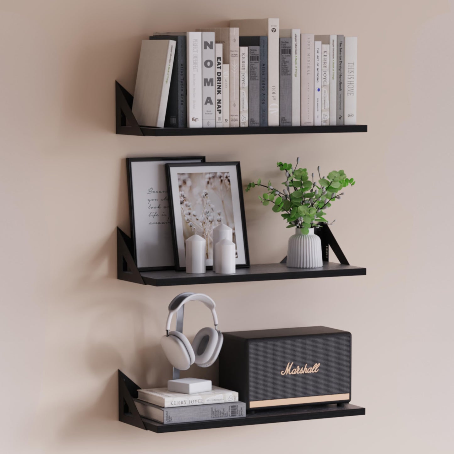 DINIAL Wall Mounted Floating Shelves for Wall Set of 3, Shelf Bookshelf for Bedroom Living Room Office Bathroom Kitchen Rustic Wood with Metal Bracket 02H-03