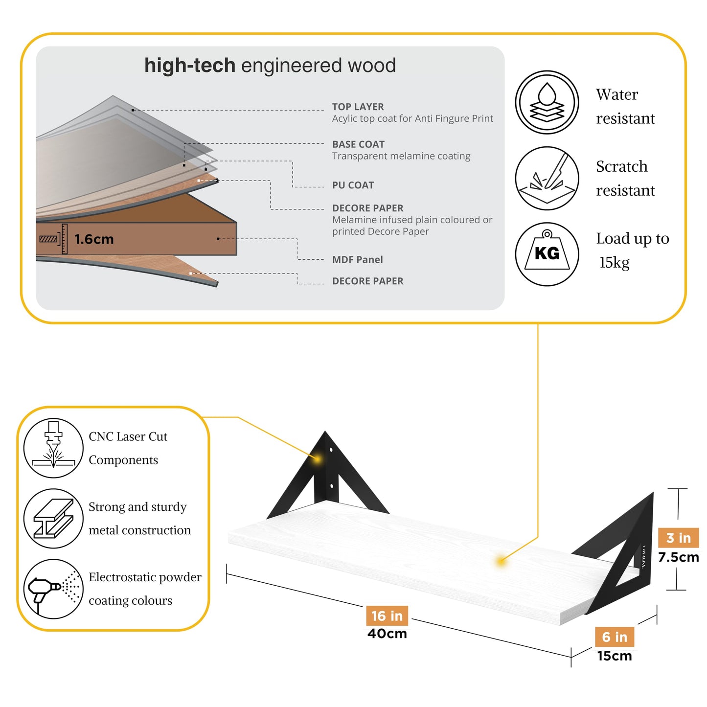 DINIAL Wall Mounted Floating Shelves for Wall Set of 3, Shelf Bookshelf for Bedroom Living Room Office Bathroom Kitchen Rustic Wood with Metal Bracket 02H-03