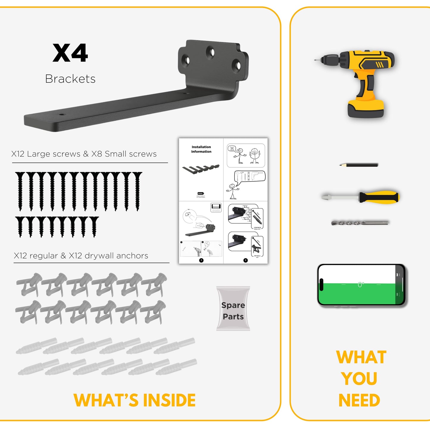 DINIAL Floating Shelf Brackets, Heavy Duty Shelf Brackets for Shelves, Color Coated 5mm Metal Wall Shelf Support Brackets, 75KG Load Capacity