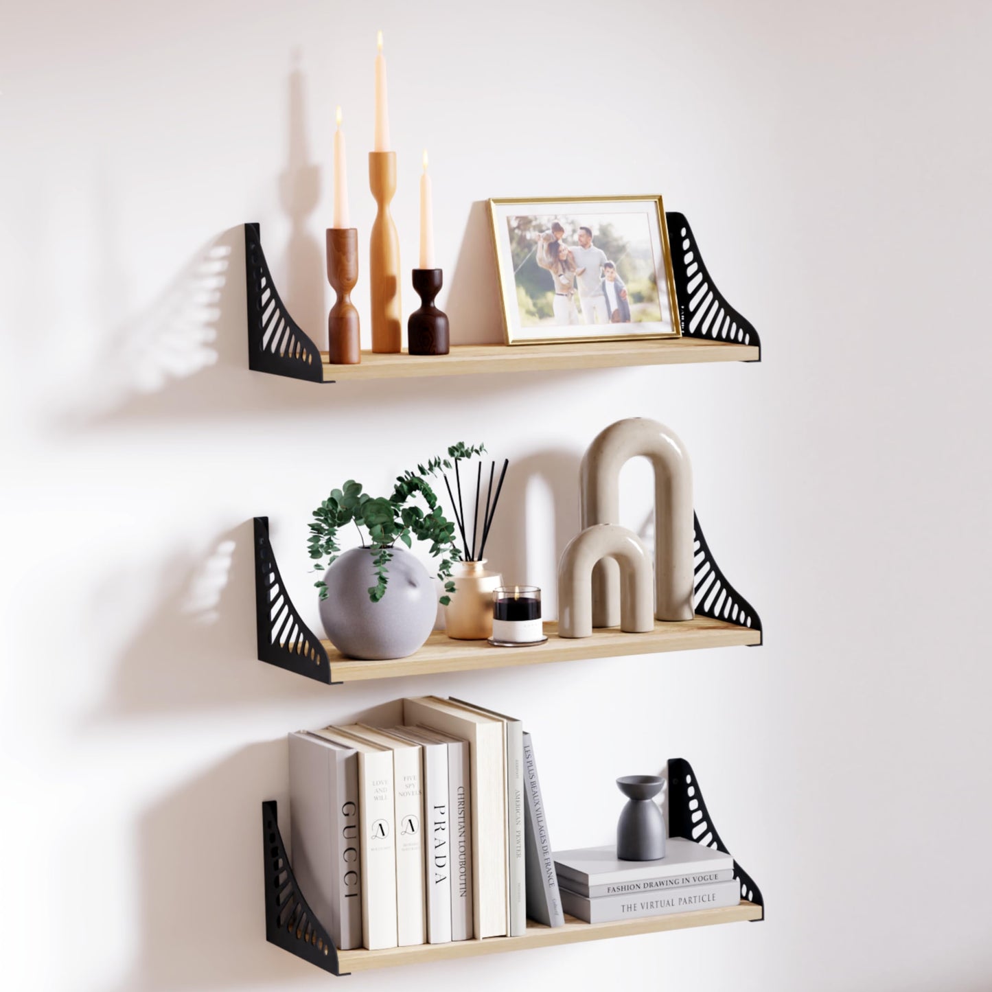 DINIAL Wall Mounted Floating Shelves for Wall Set of 3, Shelf Bookshelf for Bedroom Living Room Office Bathroom Kitchen Rustic Wood with Metal Bracket 04