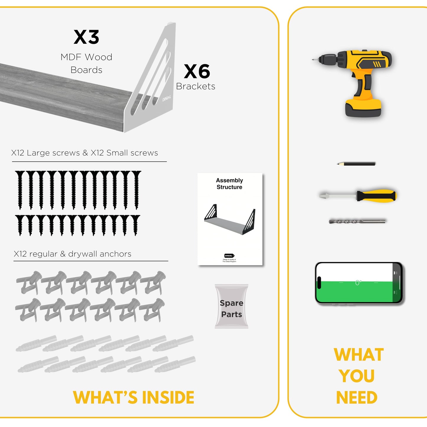 DINIAL Wall Mounted Floating Shelves for Wall Set of 3, Shelf Bookshelf for Bedroom Living Room Office Bathroom Kitchen Rustic Wood with Metal Bracket 03SH-03