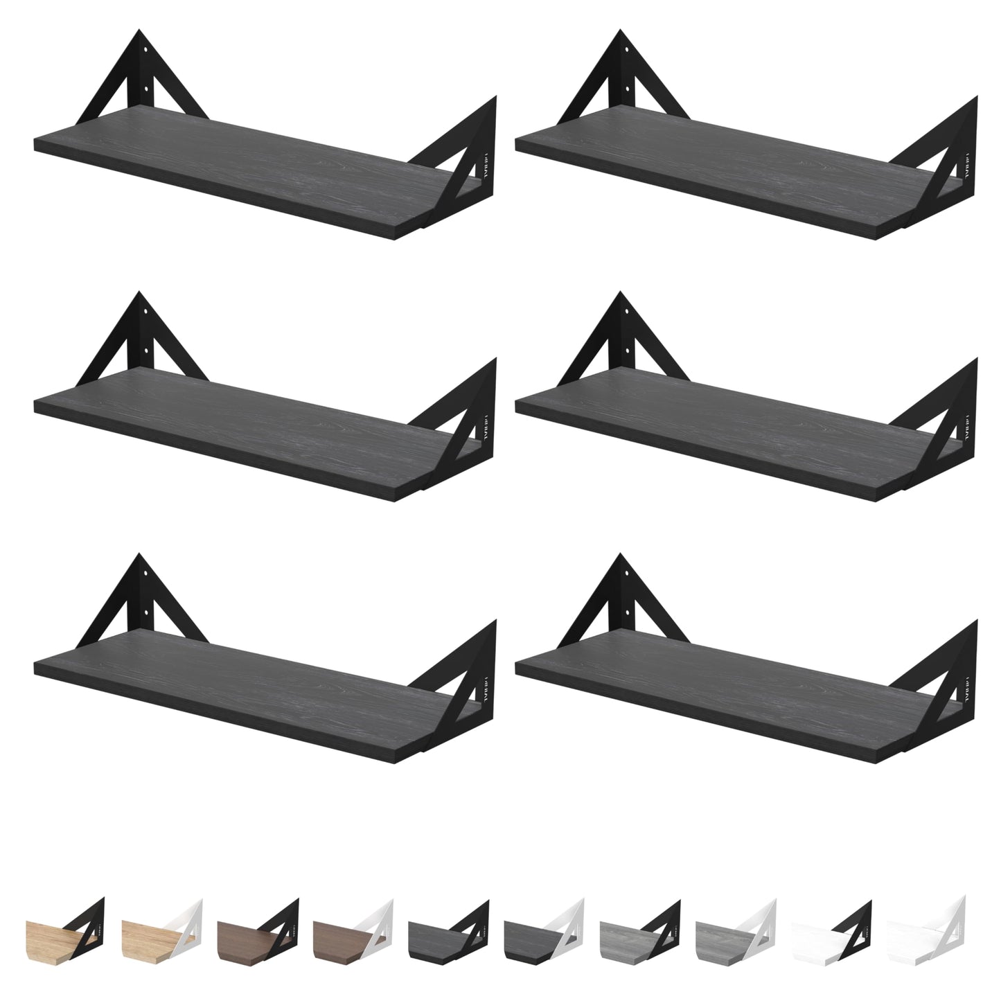 DINIAL Wall Mounted Floating Shelves for Wall Set of 6, Shelf Bookshelf for Bedroom Living Room Office Bathroom Kitchen Rustic Wood with Metal Bracket 02SH-06