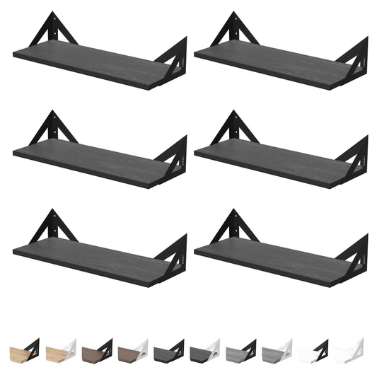 DINIAL Wall Mounted Floating Shelves for Wall Set of 6, Shelf Bookshelf for Bedroom Living Room Office Bathroom Kitchen Rustic Wood with Metal Bracket 02SH-06