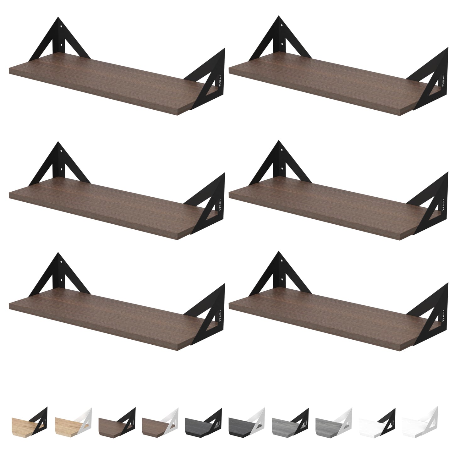 DINIAL Wall Mounted Floating Shelves for Wall Set of 6, Shelf Bookshelf for Bedroom Living Room Office Bathroom Kitchen Rustic Wood with Metal Bracket 02SH-06