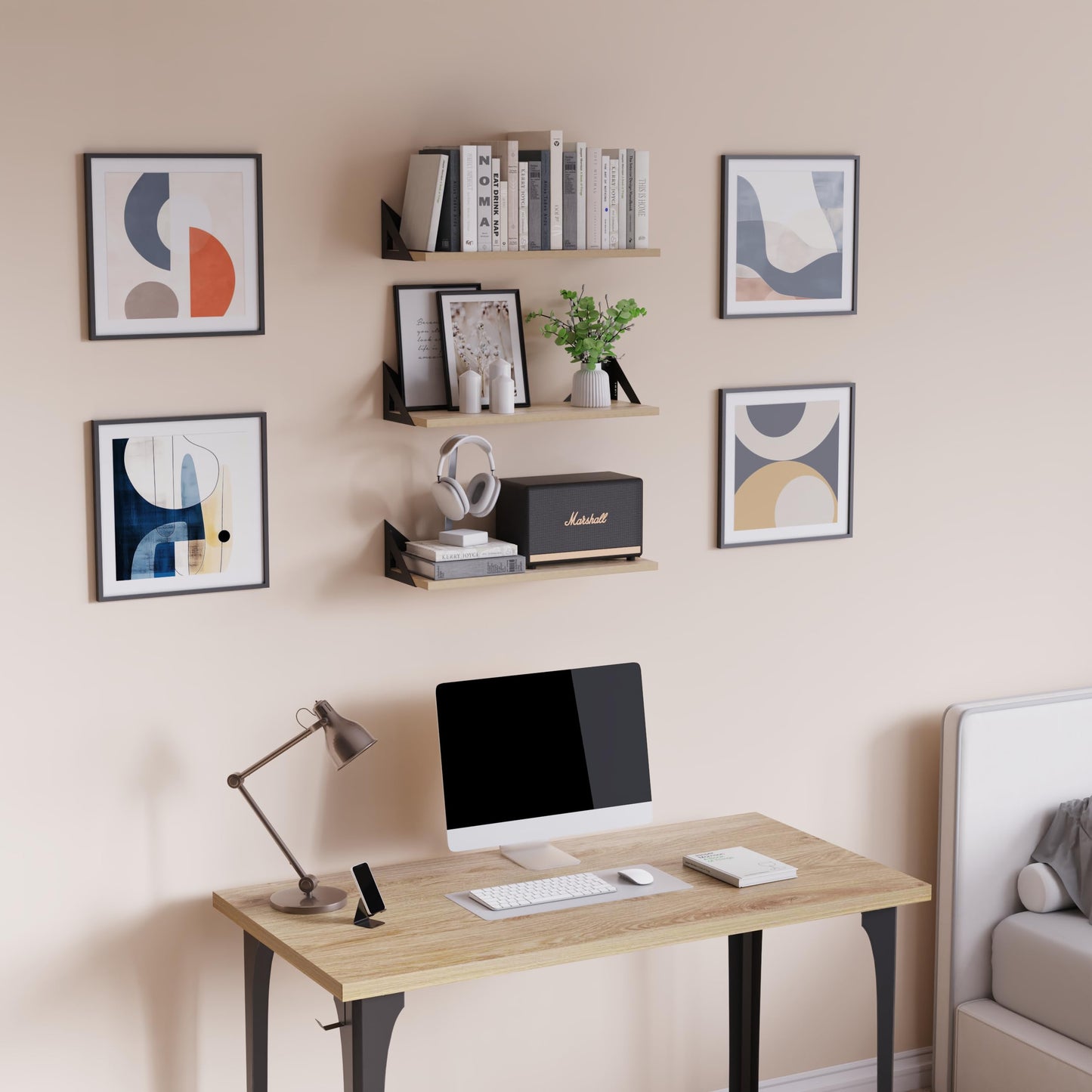 DINIAL Wall Mounted Floating Shelves for Wall Set of 6, Shelf Bookshelf for Bedroom Living Room Office Bathroom Kitchen Rustic Wood with Metal Bracket 02SH-06