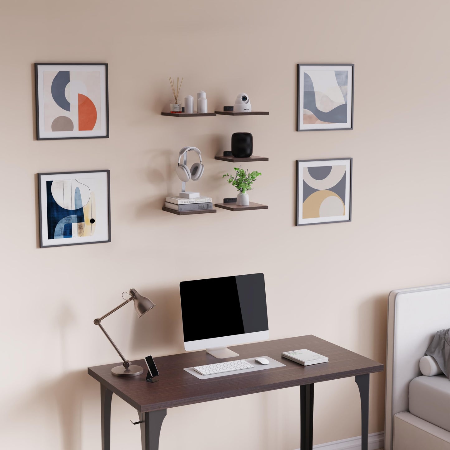 DINIAL Wall Mounted Floating Shelves for Wall Set of 5 size 15x15cm, Shelf Bookshelf for Bedroom Living Room Office Bathroom Kitchen Rustic Wood with Metal Bracket