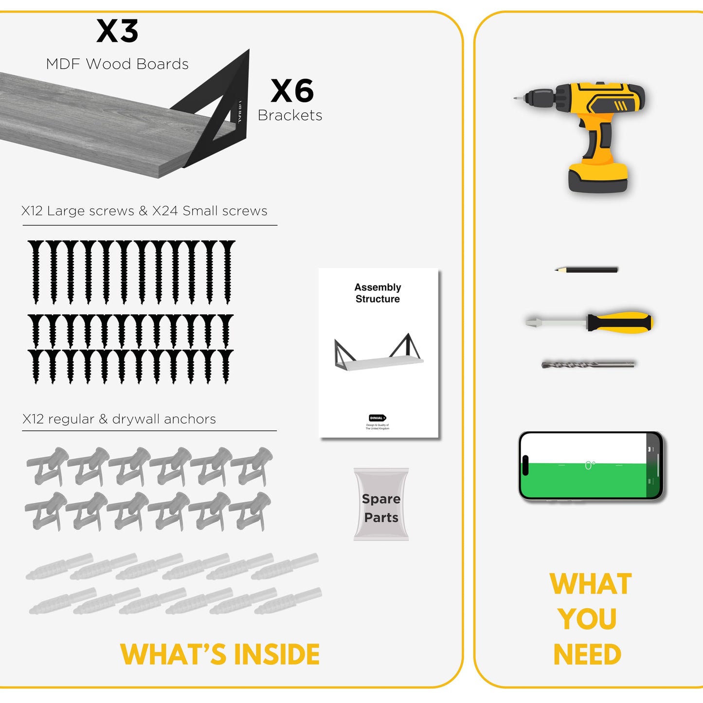 DINIAL Wall Mounted Floating Shelves for Wall Set of 3, Shelf Bookshelf for Bedroom Living Room Office Bathroom Kitchen Rustic Wood with Metal Bracket 02H-03